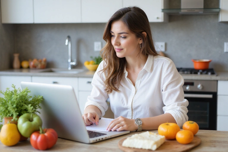 Žena si zapisuje jídlo do diáře nebo aplikace na mobilu s ovocem a zeleninou na stole