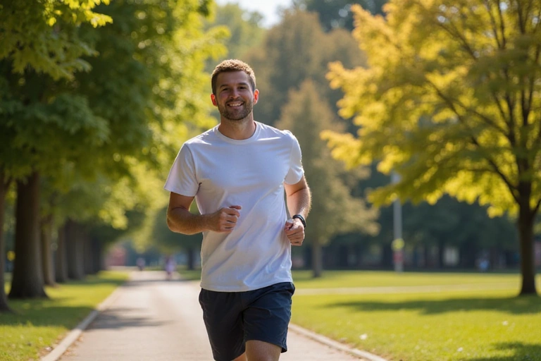 Muž běhající v parku s úsměvem