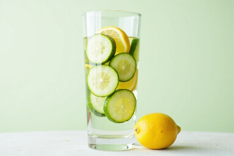 Sklenice vody s plátky citronu a okurky