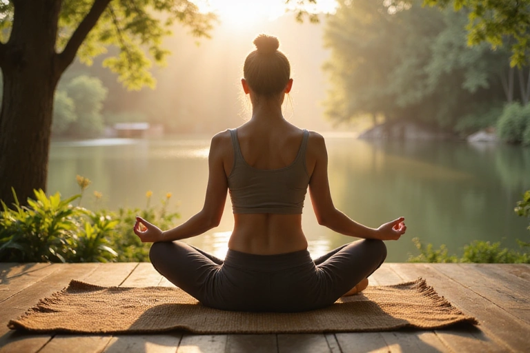 Žena meditující v klidném prostředí