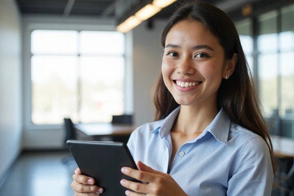 Mladá žena s úsměvem drží v ruce tablet a ukazuje na obrazovku, symbolizující online komunikaci a podporu.